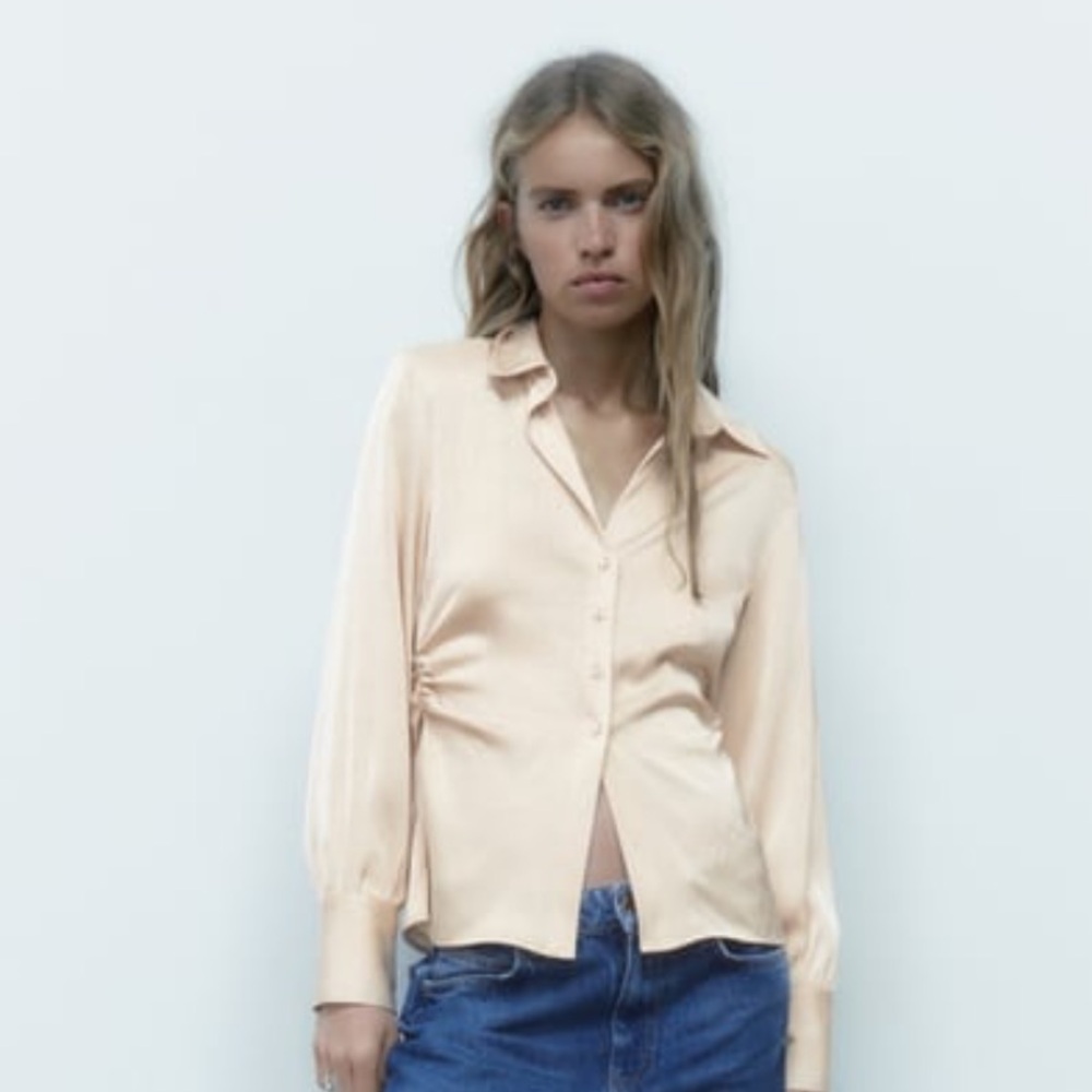 Zara Shoulder Pad Satin Effect Button Down Shirt